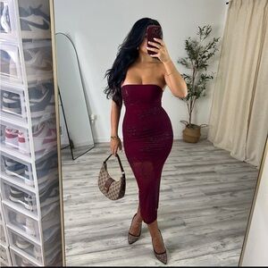 Burgundy sheer midi dress never